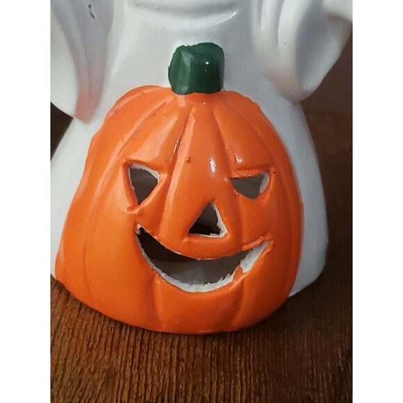 Halloween Ghost Pumpkin Ceramic Candle Holder Jack O'Lantern Vintage No Box - Picture 5 of 15